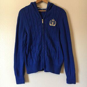 Blue Cable Knit Sweater Jacket L Hoodie Tommy Hilfiger Crest Preppy Zip Cardigan